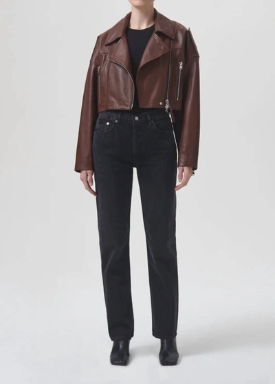 Shop Agolde Remi Cropped Leather Biker Jacket In Cola In Multi