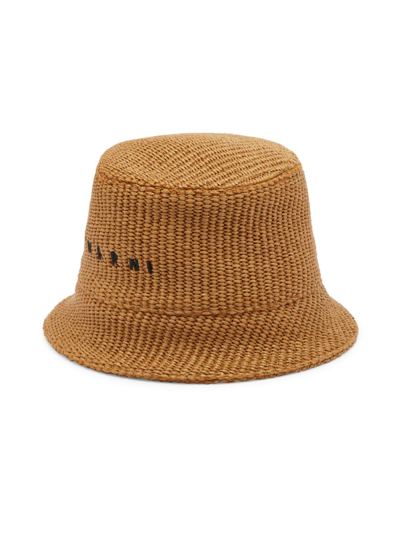 Shop Marni Men's Logo-embroidered Raffia Bucket Hat In Caramel