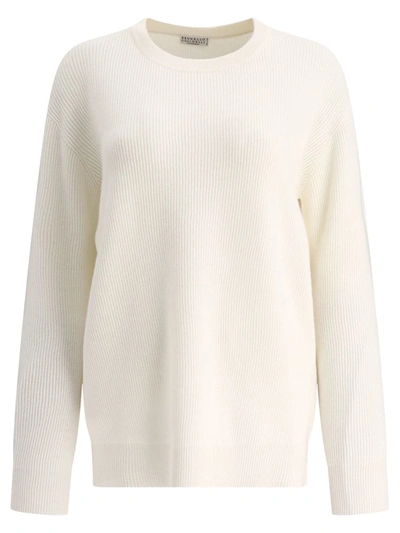 Shop Brunello Cucinelli Cashmere English Rib Sweater With Monili In White