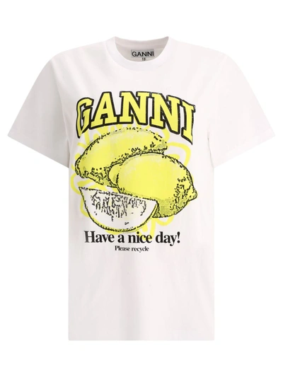 Shop Ganni " Lemon" T-shirt In White