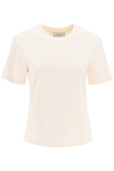 Shop Agnona T-shirt With Embroidered Logo In Beige