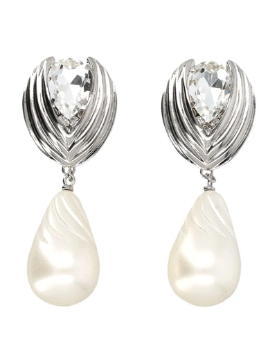 Shop Alessandra Rich Crystal Earrings With Pendant Pearl In Cry Stilver