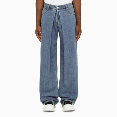 Shop Alexander Mcqueen Washed Jeans With Pleats In Blue