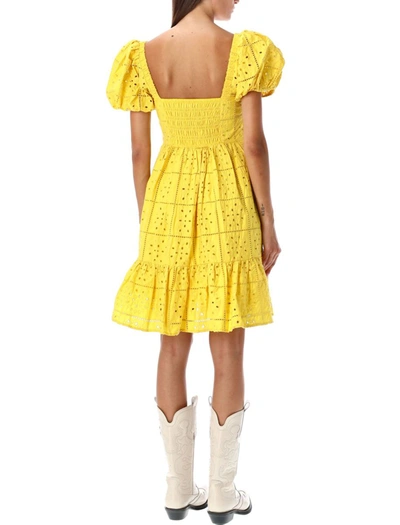 Shop Ganni Broderie Anglaise Mini Dress In Yellow