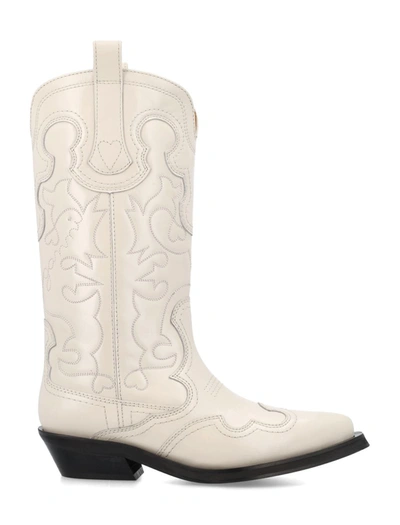 Shop Ganni Knee Mid Embroidered Western Boots In Egret