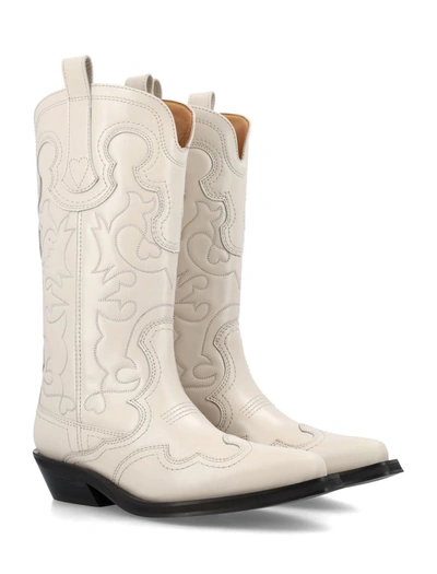 Shop Ganni Knee Mid Embroidered Western Boots In Egret