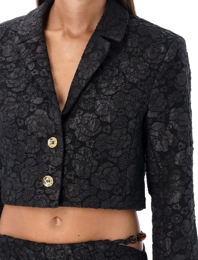 Shop Ganni Stretch Jacquard Cropped Blazer In Black
