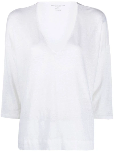 Shop Majestic Filatures V-neck Linen Blend Sweater In White