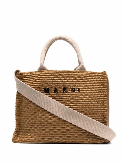 Shop Marni Woman's Beige Raffia Shopping Bag With Logo Print