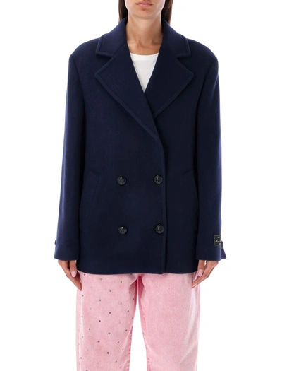 Msgm Double-breasted Logo-patch Jacket In Navy