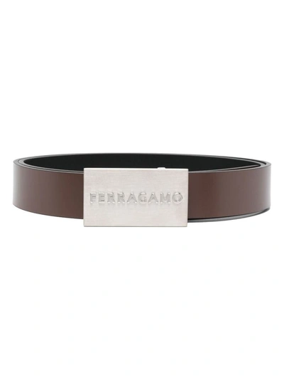 Ferragamo Men Squared Buckle Smooth Leather Reversible Belt In Brown