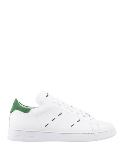 Shop Kiton White Leather Sneakers With Details In Green