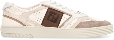 Shop Fendi Step Leather Low-top Sneakers In Beige