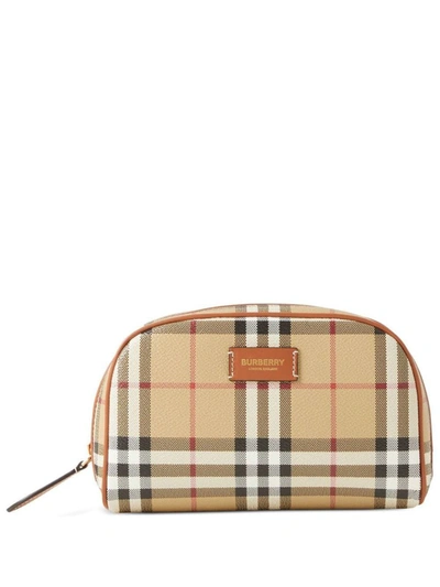 Shop Burberry Check Motif Cosmetic Pouch In Beige