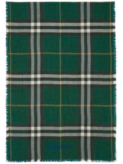 Shop Burberry Check Motif Wool Scarf In Green