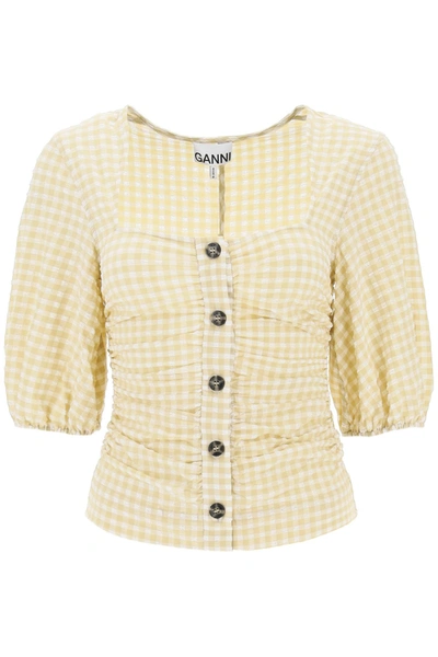 Shop Ganni Gathered Blouse With Gingham Motif In White, Beige