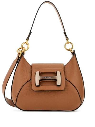 Shop Hogan H-bag Hobo Mini Leather Handbag In Leather Brown