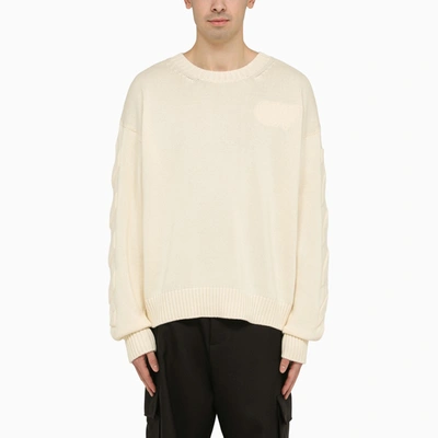 Shop Off-white ™ Cream Crewneck Sweatshirt With Diagonal Embroidery In Beige