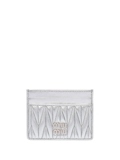 Shop Miu Miu Matelassé Nappa-leather Card Holder In Argento