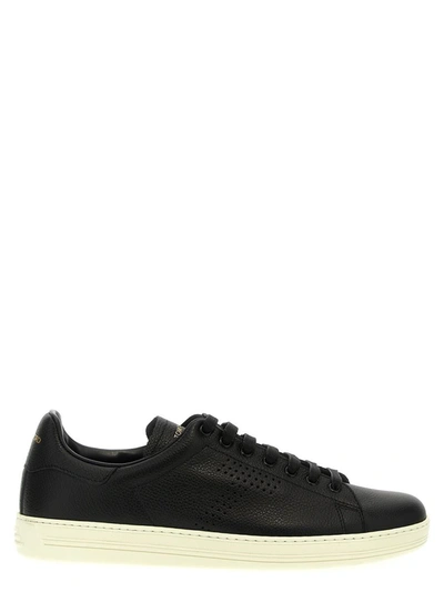 Shop Tom Ford Logo Leather Sneakers In White/black