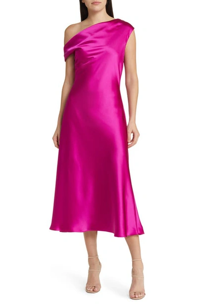 Shop Amsale One-shoulder Satin Midi Dress In Fuchsia