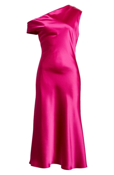 Shop Amsale One-shoulder Satin Midi Dress In Fuchsia