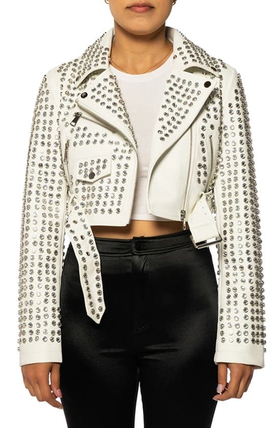 Shop Azalea Wang Gazette Studded Crop Faux Leather Moto Jacket In White