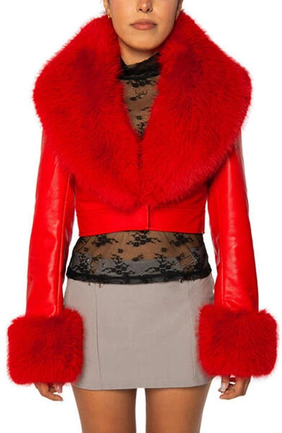 Azalea Wang Gisele Faux Fur Trim Faux Leather Crop Jacket In Red