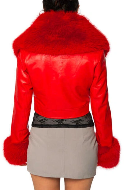 Azalea Wang Gisele Faux Fur Trim Faux Leather Crop Jacket In Red