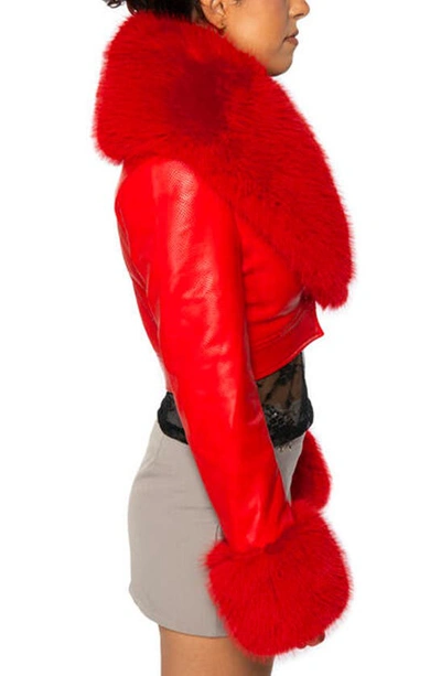 Shop Azalea Wang Gisele Faux Fur Trim Faux Leather Crop Jacket In Red