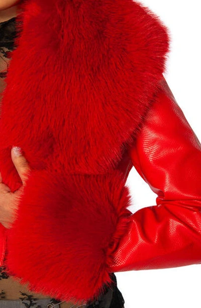 Azalea Wang Gisele Faux Fur Trim Faux Leather Crop Jacket In Red