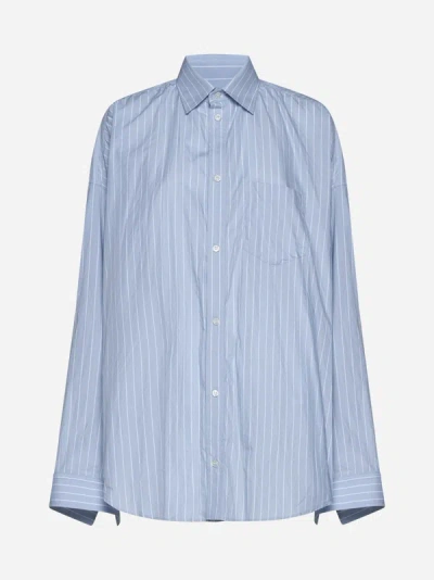 Shop Balenciaga Pinstriped Cotton Cocoon Shirt In Light Blue,white
