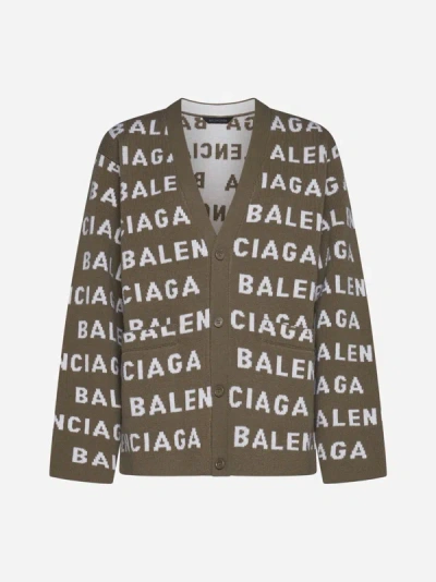 Shop Balenciaga All-over Logo Wool Cardigan In Dark Beige,white