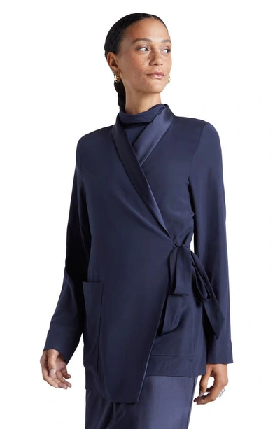 Shop Splendid X Kate Young Stretch Silk Wrap Blazer In Navy