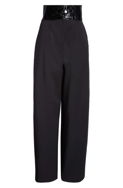 Shop Alaïa Leather Trim Belted Stretch Wool Trousers In Noir Alaia