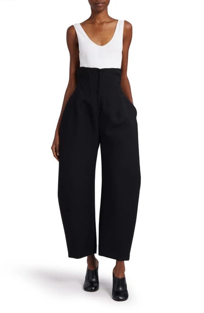 Shop Alaïa Leather Trim Belted Stretch Wool Trousers In Noir Alaia