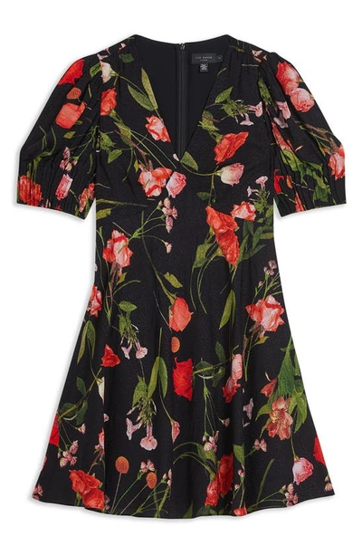 Shop Ted Baker Sienno Floral Puff Sleeve Satin Jacquard Minidress In Black