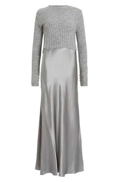 Shop Allsaints Amos Two-piece Sweater & Satin Dress In Grey Marl