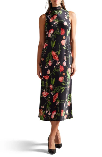 Shop Ted Baker Connihh Floral Cowl Neck Sleeveless Satin Midi Dress In Black