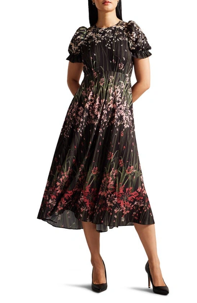 Shop Ted Baker Zahrria Floral Short Sleeve Midi Dress In Black
