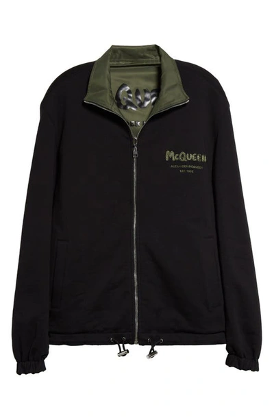 Shop Alexander Mcqueen Graffiti Logo Reversible Cotton Jacket In Black/ Khaki