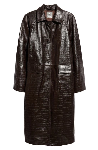Shop Totême Croc Embossed Raglan Sleeve Leather Coat In Dark Brown