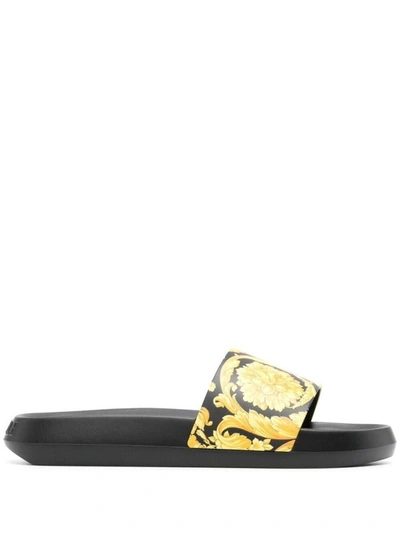 Shop Versace Black Slippers With Barocco Print In Rubber Man
