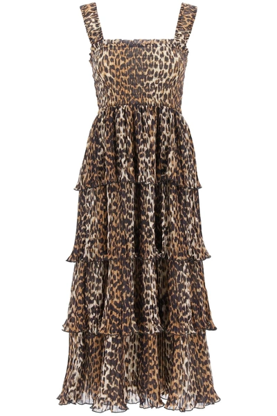 Shop Ganni Pleated Long Dress With Leopard Motif In Beige, Black