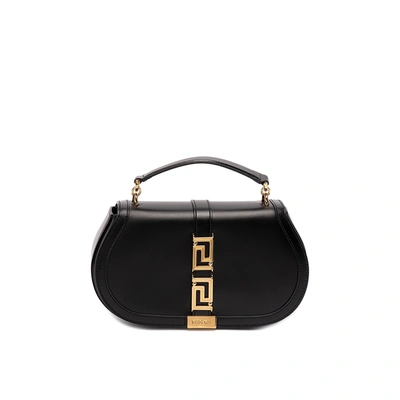 Shop Versace Leather Greca Goddess Handle Bag In Black