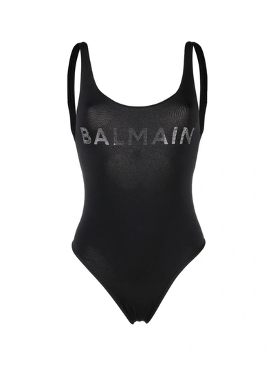 Shop Balmain Logo One Piece Swimsuit In Black