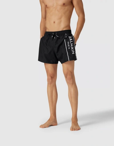 Shop Balmain Logo Swim Shorts In Black
