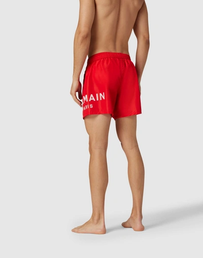 Shop Balmain Logo Swim Shorts In Red