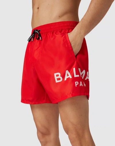 Shop Balmain Logo Swim Shorts In Red
