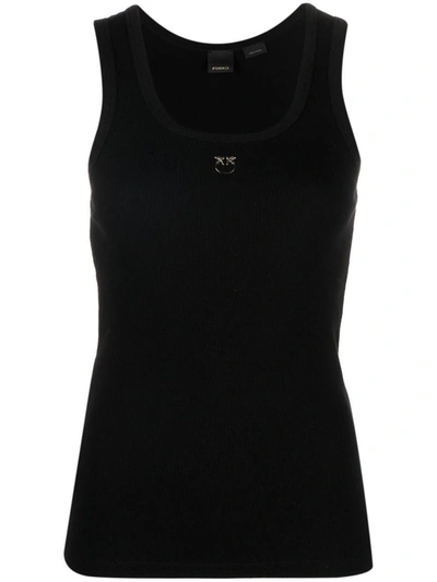 Shop Pinko Black Ribbed Tank Top With Front Logo Embroidery In Stretch Cotton Woman